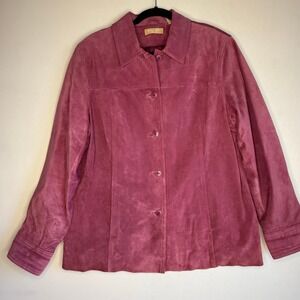 Kate Hill Casual Womens Pink Suede Leather Button Up Jacket Size 16